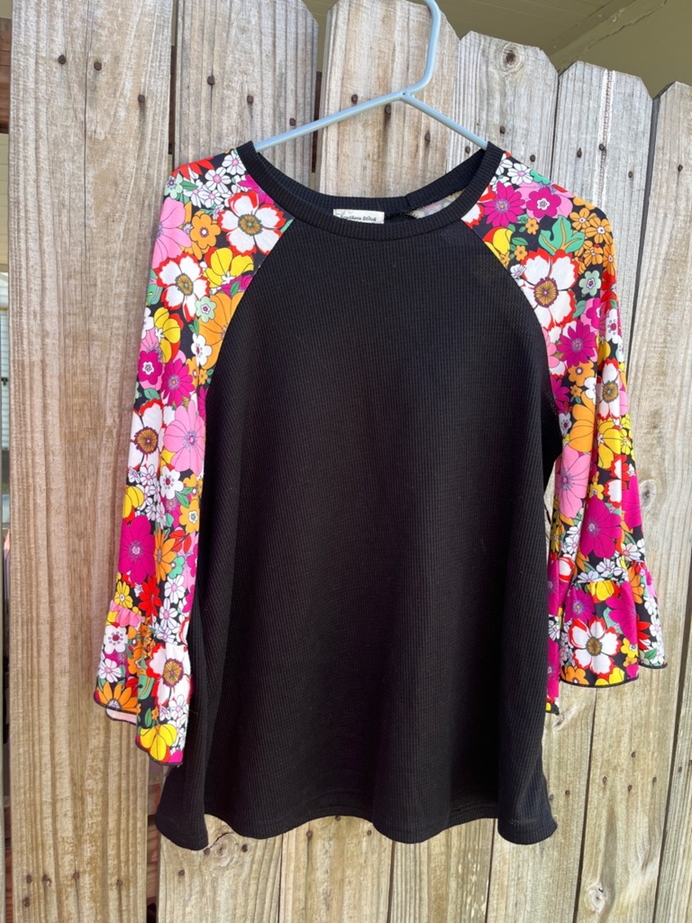 Black Raglan Long Sleeve Top with Bright Floral Sleeves